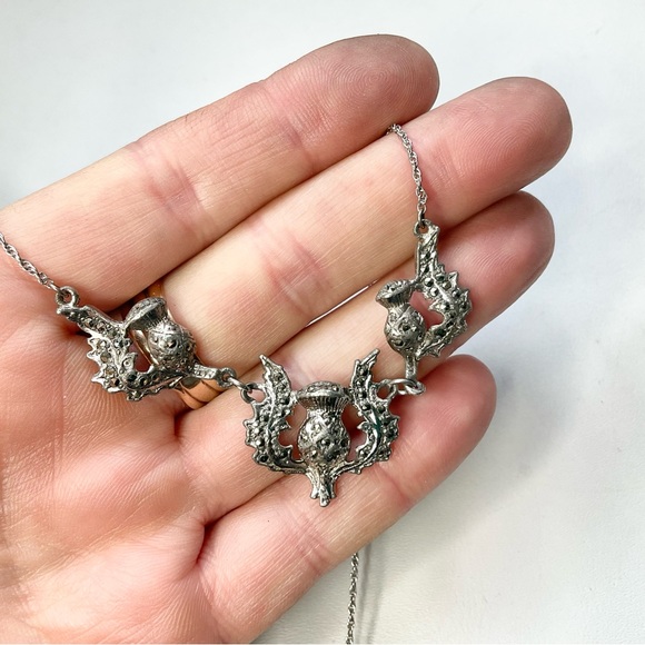 Vintage Sterling Silver Marcasite Scottish Thistle Necklace - Picture 5 of 5